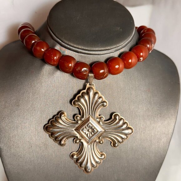 Maltese Cross Sterling Silver Carnelian Choker Necklace 925 Victorian Gift - Picture 8 of 8